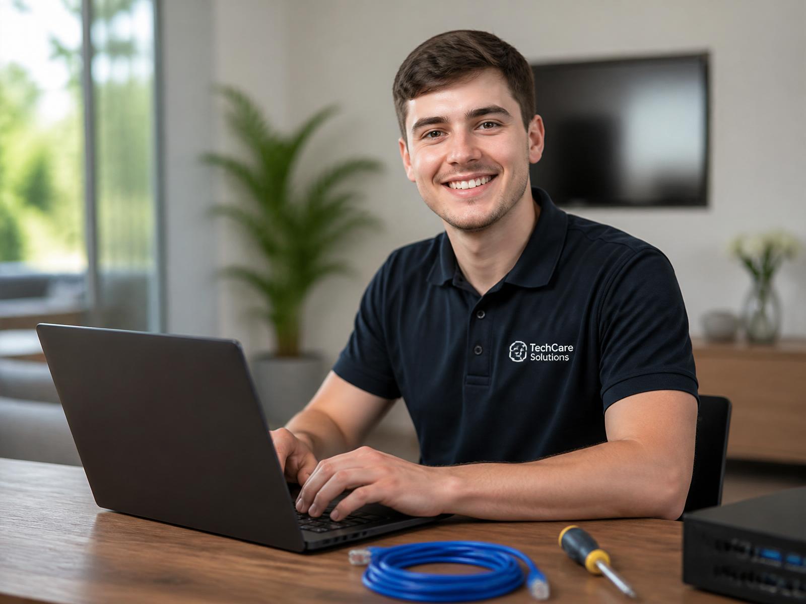 IT-Techniker Haris Dedovic aus Frankfurt am Main bei der Kundenberatung – hilft bei PC-, WLAN- und Netzwerkproblemen vor Ort.