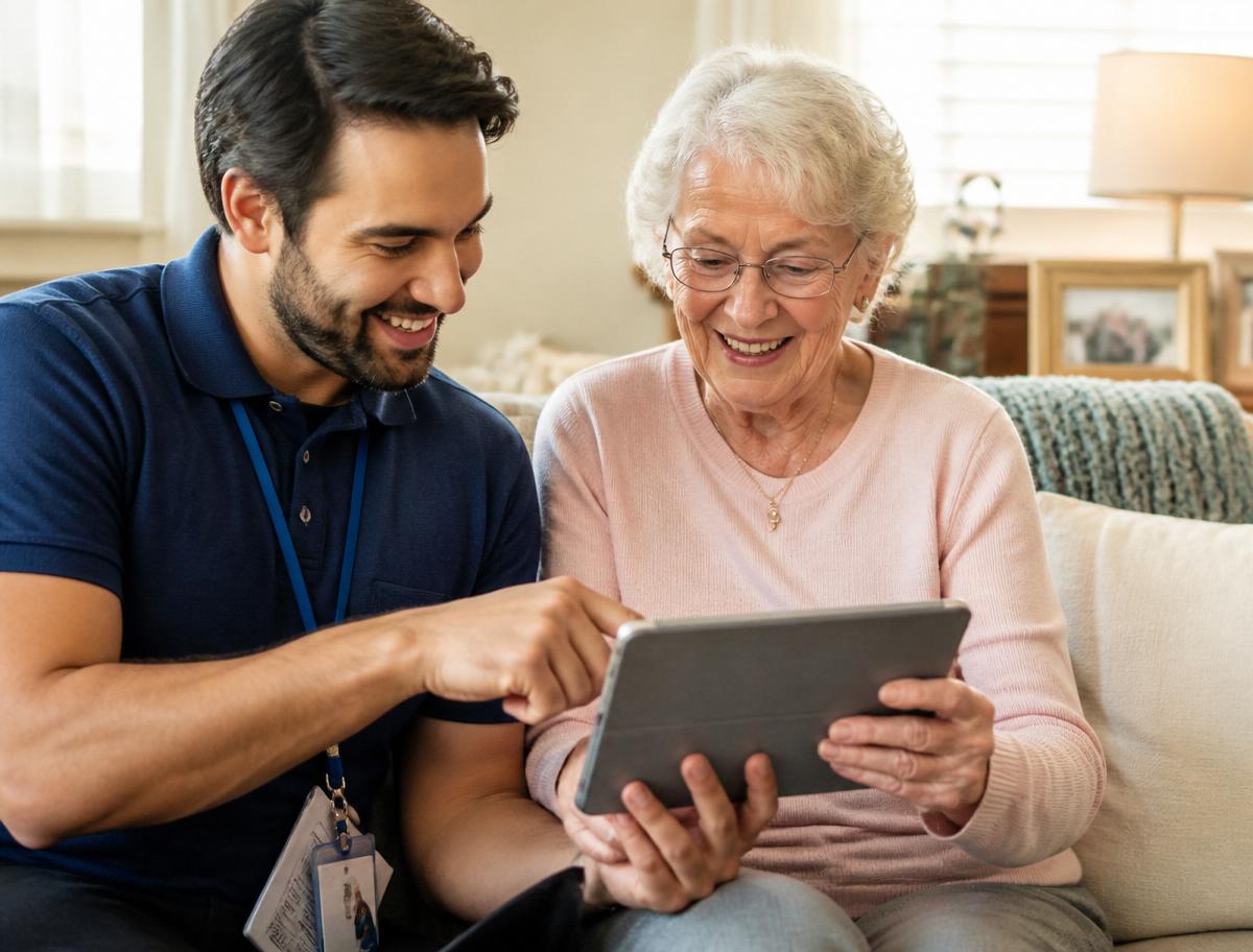 IT-Techniker erklärt einer Seniorin geduldig die Bedienung ihres Tablets am Küchentisch.