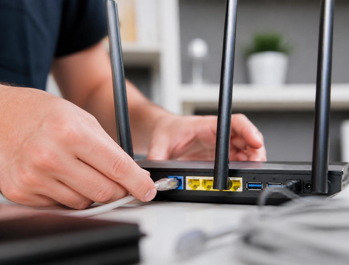 Nahaufnahme: Techniker richtet einen WLAN-Router ein und schließt Netzwerkkabel an.